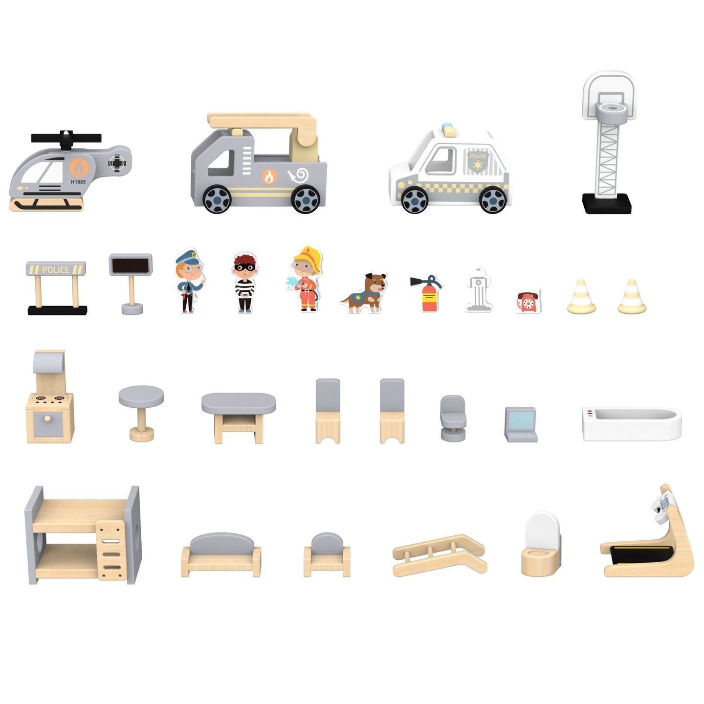 Große klappbare Feuerwache mit Polizeistation - Set aus Holz. Feuerwache und Polizeistation mit Zubehör.