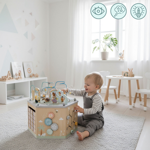 Großer Lernwürfel aus Holz – ein Montessori-Spielzeug mit Magnetzug und Motorschleifen