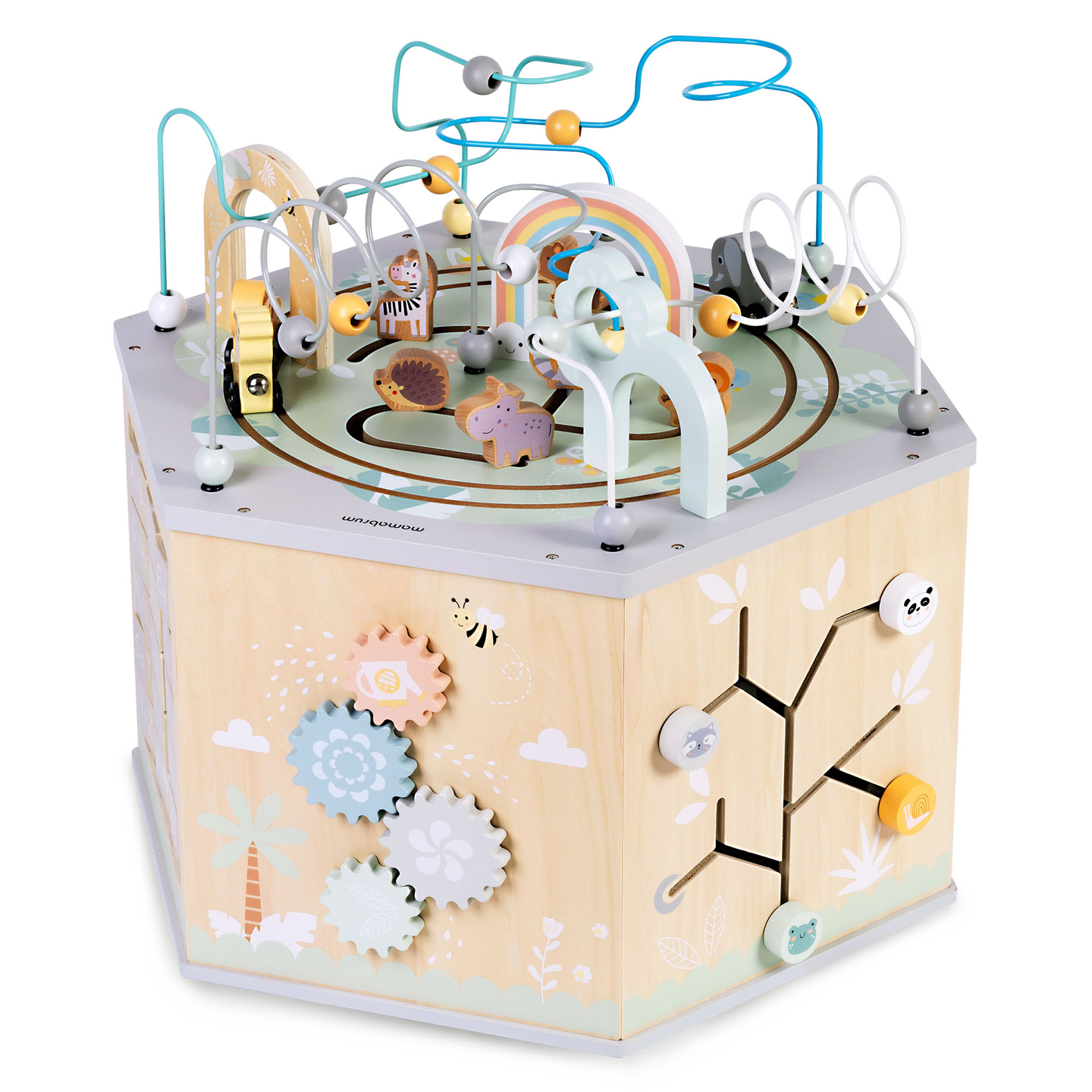 Großer Lernwürfel aus Holz – ein Montessori-Spielzeug mit Magnetzug und Motorschleifen