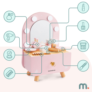 Mini-Schminktisch aus Holz für Kinder mit Accessoires und LED-Beleuchtung mit stufenloser Helligkeitsregulierung