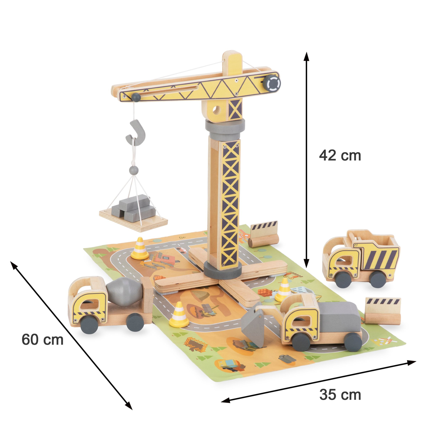 Holzbaustelle mit großem Mobilkran und Fahrzeugen, Turmkran