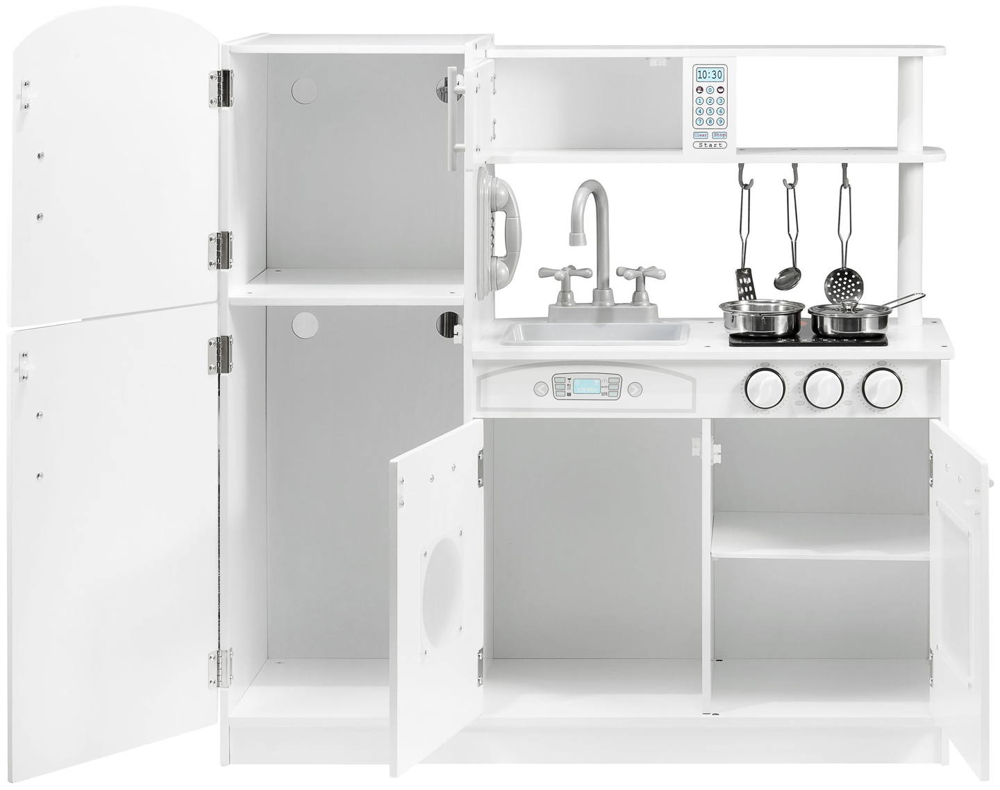 Großes weiße Küche aus Holz mit Zubehör und Schürze