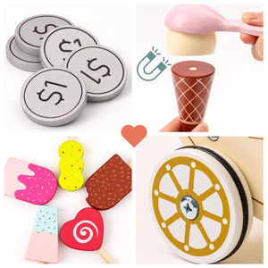 Hölzerne Eisdiele für Kinder - Wagen auf Rädern mit Zubehör