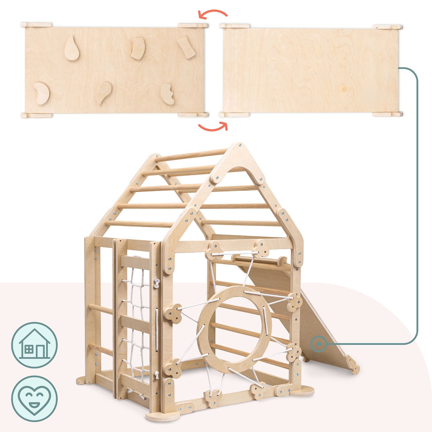 Indoor-Spielplatz aus Holz für Kinder – ein Haus mit Leitern und Rutsche