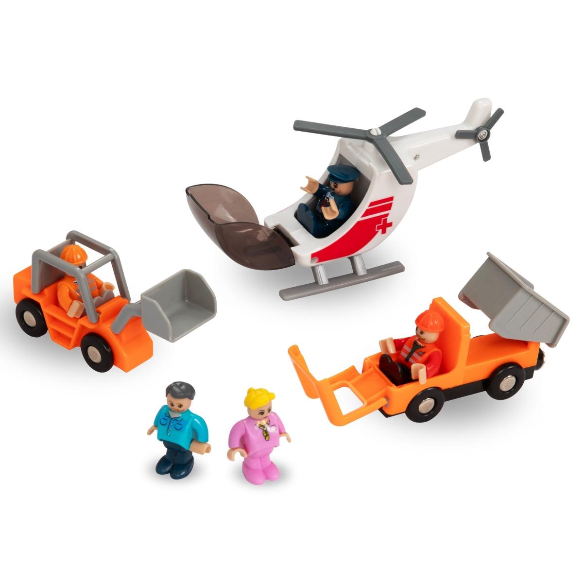 Holzeisenbahn, batteriebetriebener Zug – Stadt: Gleise, Autos, Brücke, Flughafen