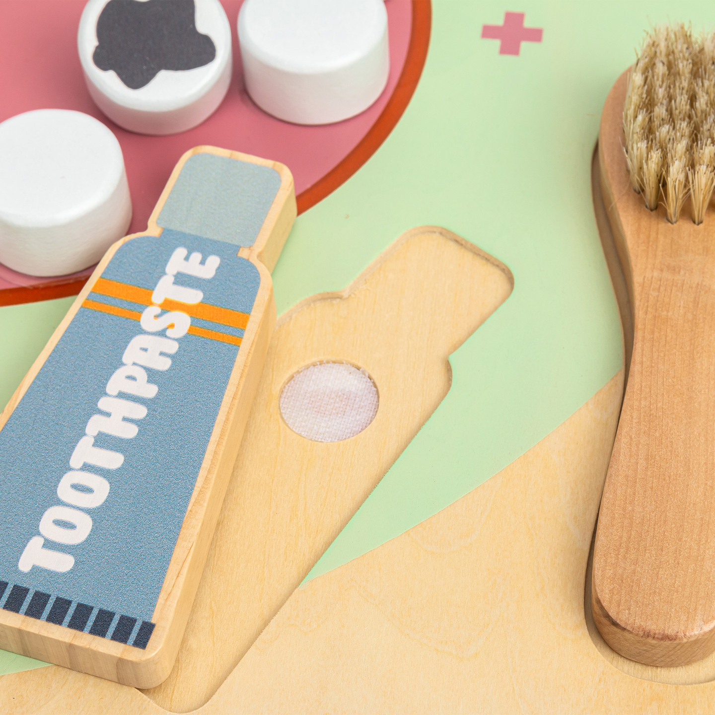 Montessori-Lerntafel aus Holz „Kleiner Zahnarzt“ – Zahnbürste, Zahnpasta, herausnehmbare Zähne, Spiegel, Essen, Lernaromen