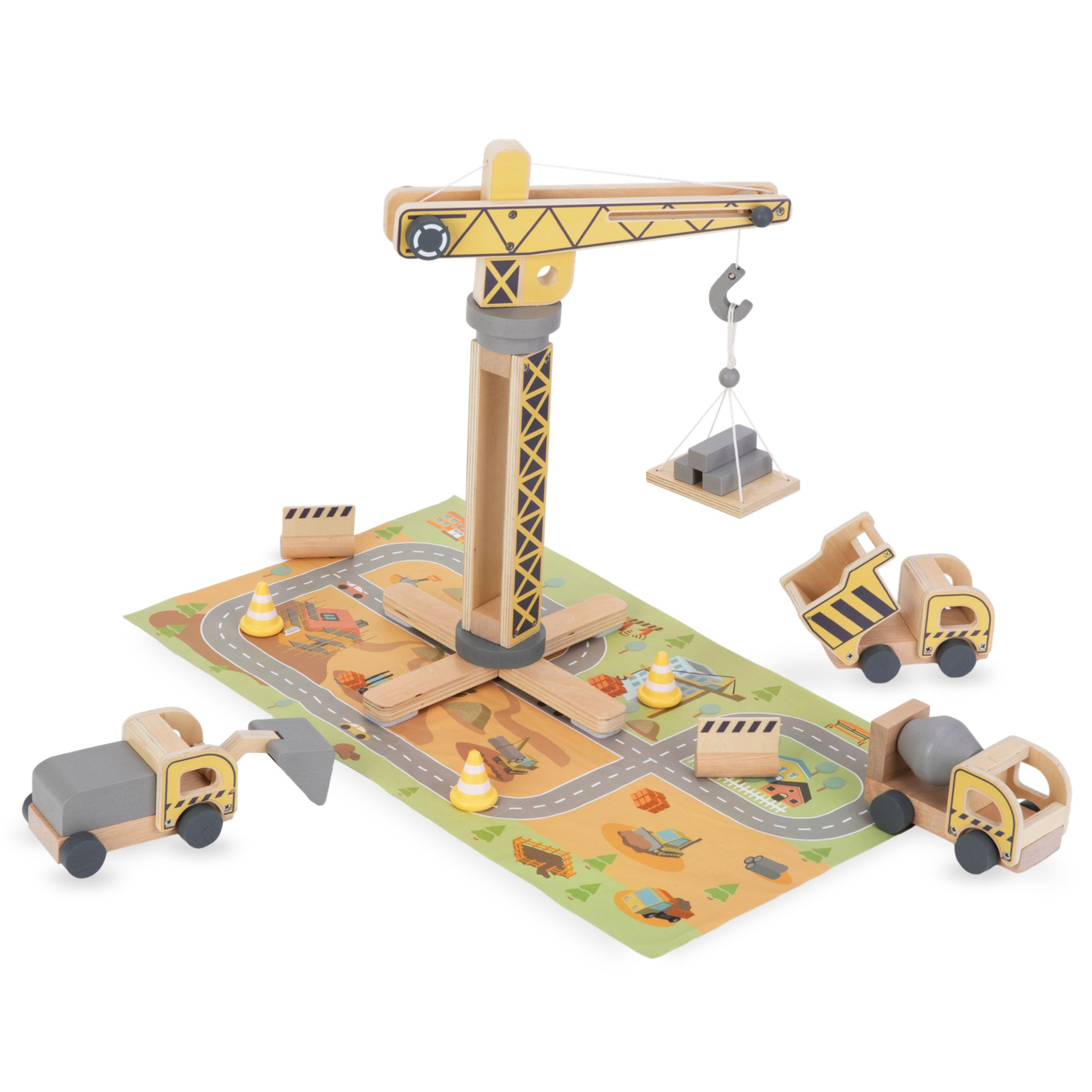 Holzbaustelle mit großem Mobilkran und Fahrzeugen, Turmkran