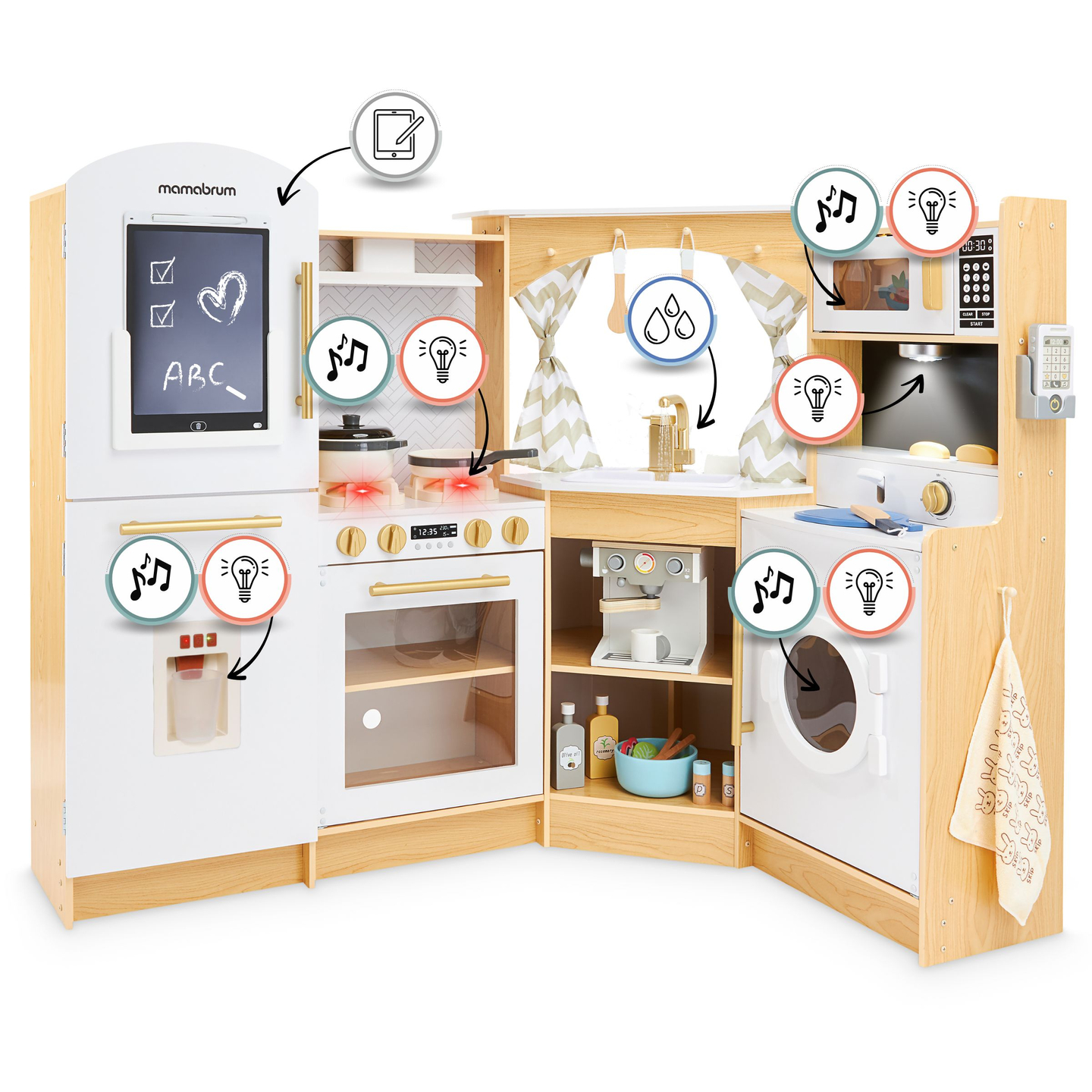 XXXXL große interaktive Holzküche mit LED-Beleuchtung, Waschmaschine, Mikrowelle, Kaffeemaschine und Obst- und Gemüseset - 50 Elemente