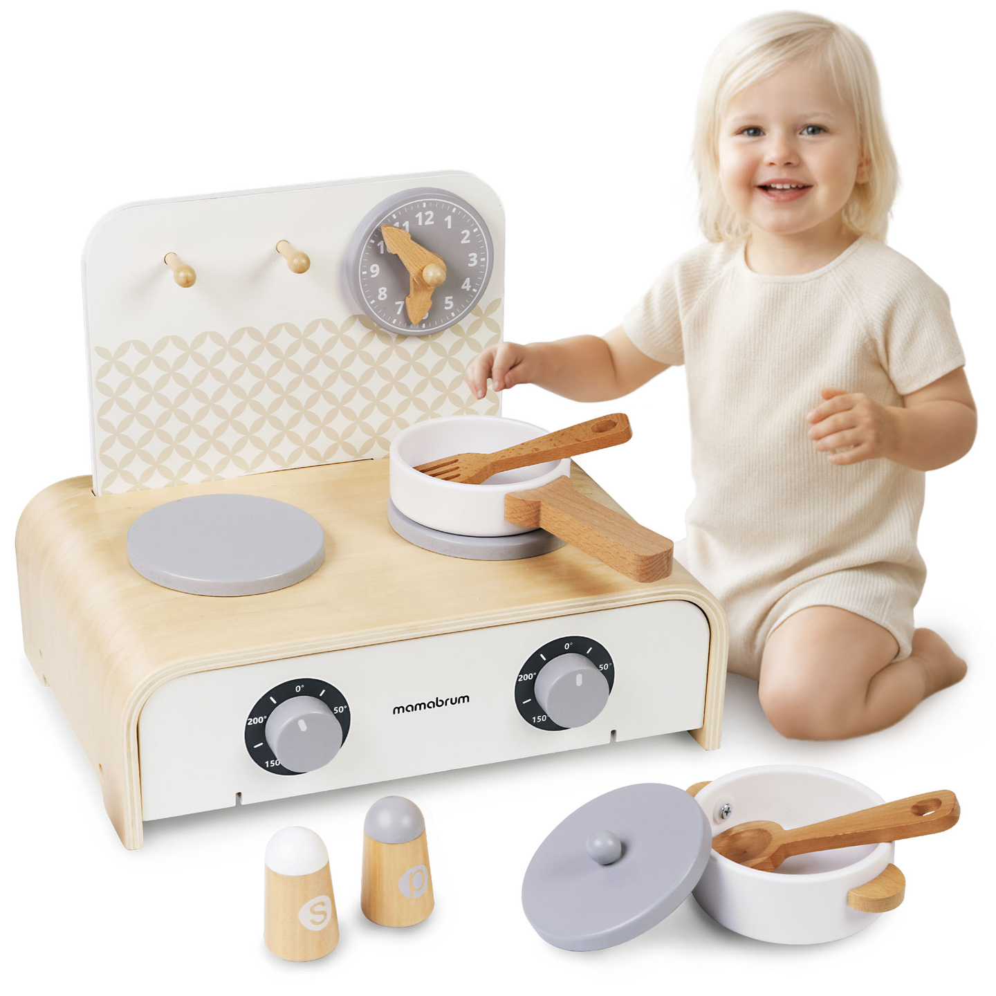 Mamabrum Klappküche aus Holz für Kinder – Set mit Töpfen, Küchenzubehör und Aufbewahrung