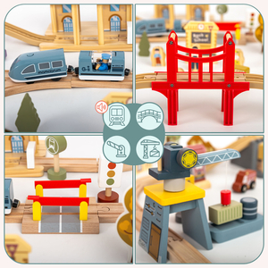 Hölzerne Stadteisenbahn mit elektrischer Lokomotive – beweglicher Kran, Schiff, Brücken