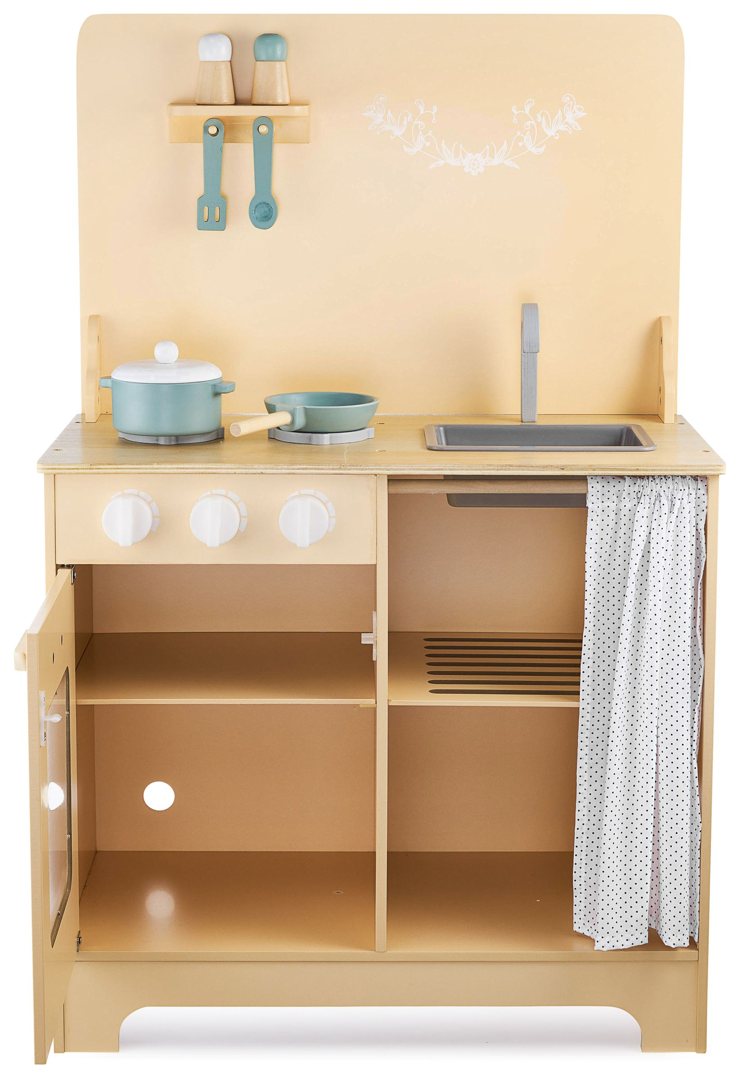 Holzküche mit Schürze, Zubehör und LED-Beleuchtung