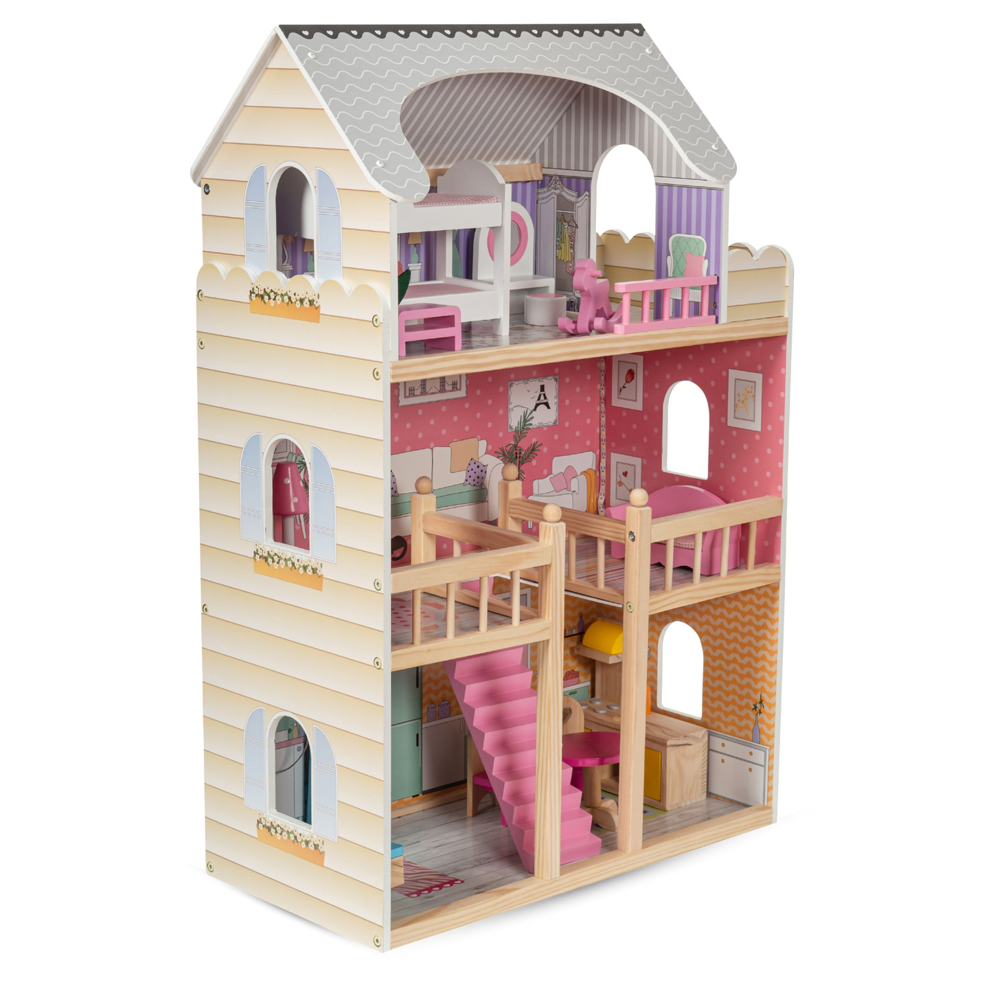 Großes 3-stöckiges Holzpuppenhaus mit Terrasse, Möbelset und LED-Beleuchtung!