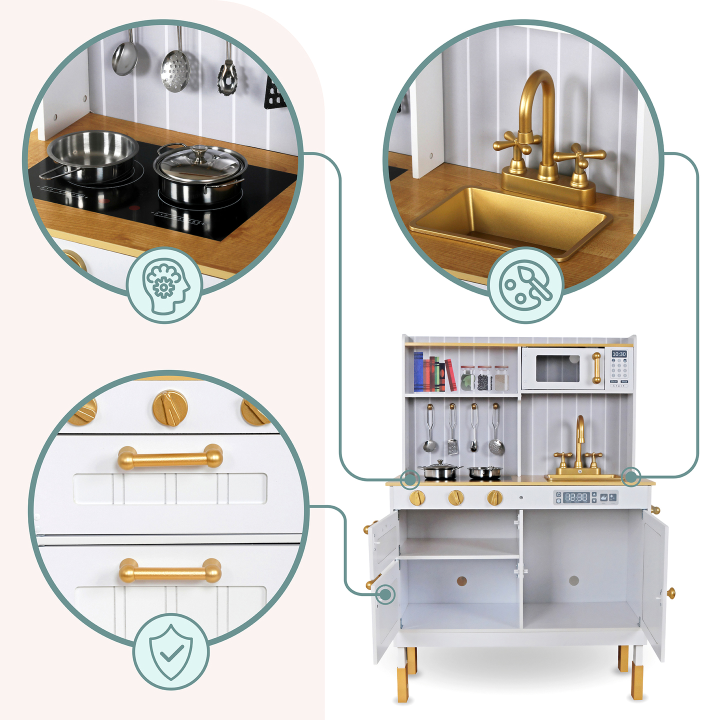 Weiße Holzküche mit Zubehör und Schürze