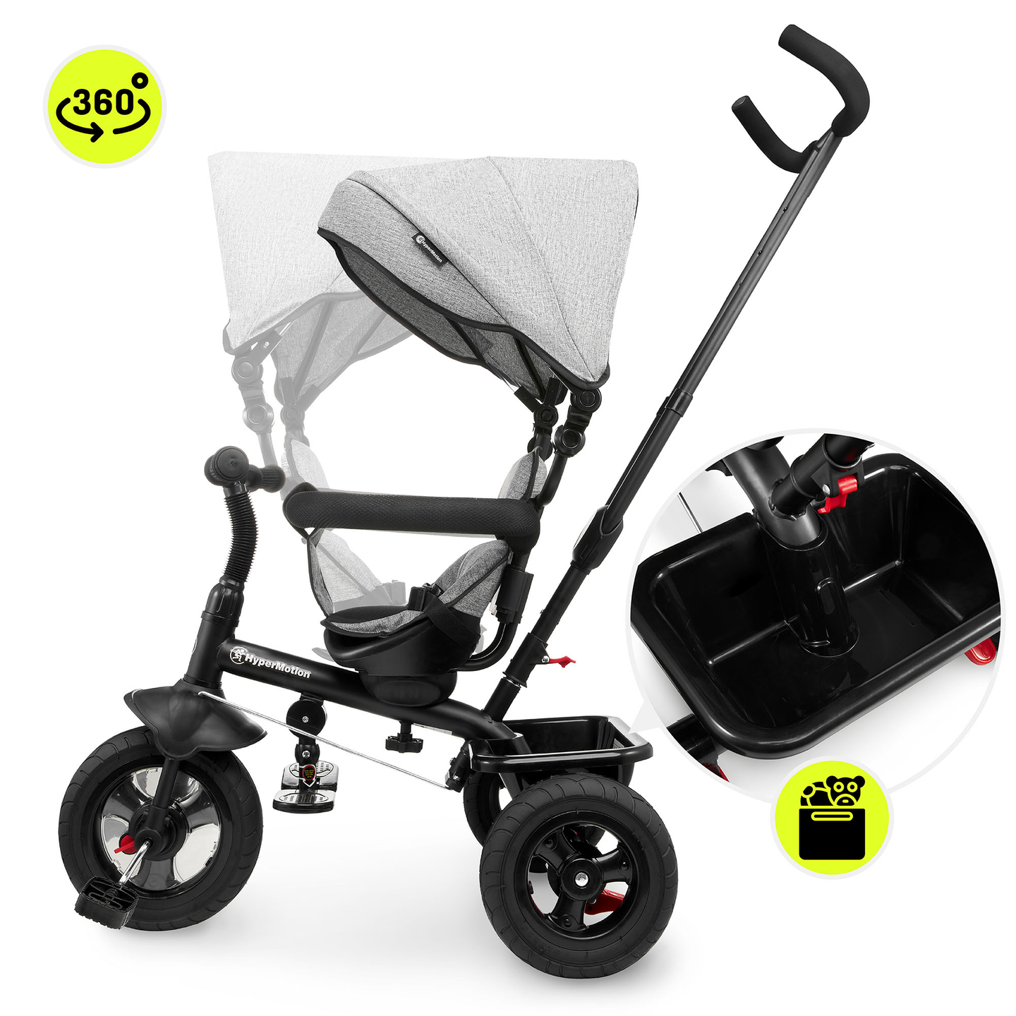 Dreirad für Kinder 1-4 Jahre - TOBI FREY - Farbe grau - drehbar - gepumpte Räder + Schieber