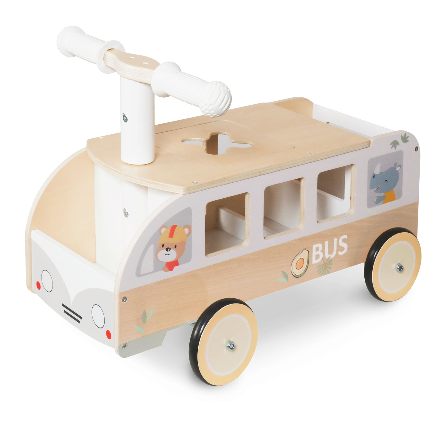 Holzbus zum Draufsitzen für Kinder - Bus mit Staufächern und Platz für Kuscheltiere