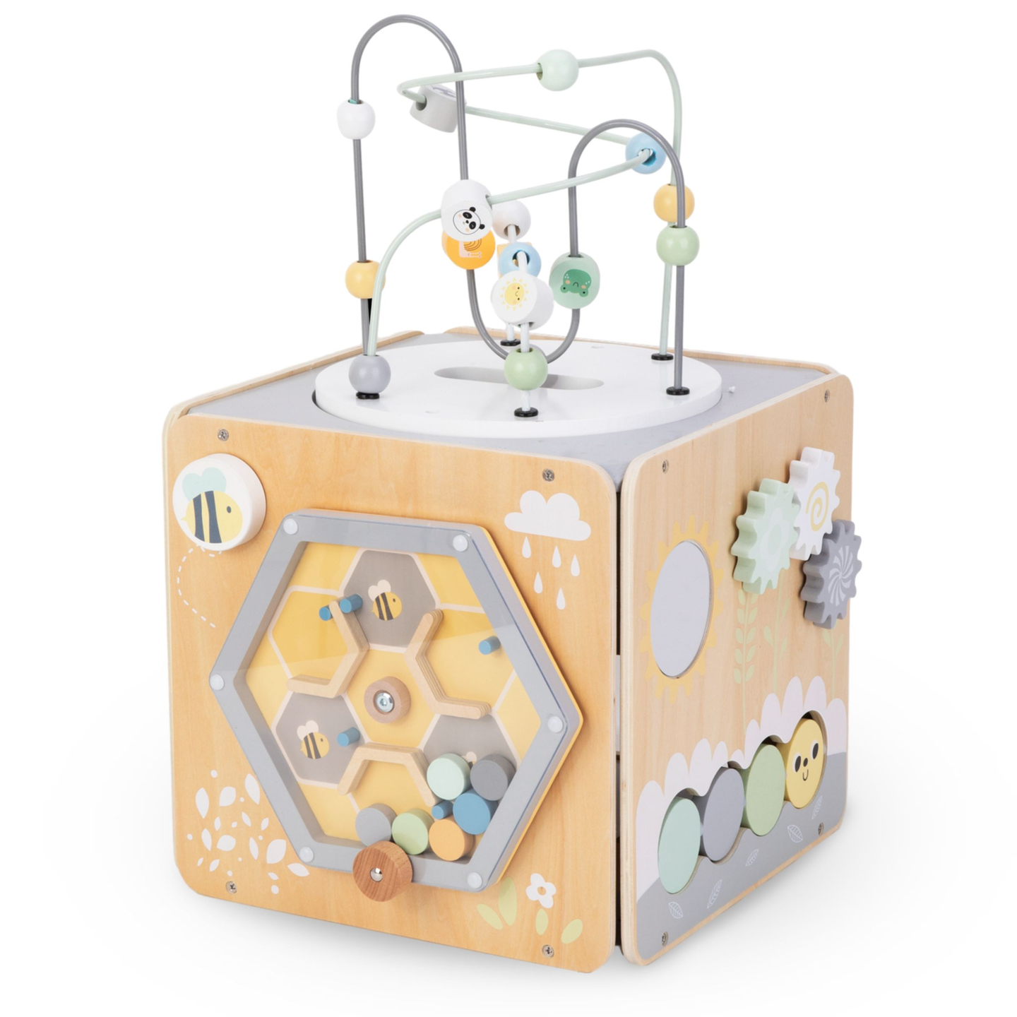 Großer Aktivitätswürfel aus Holz mit Schlaufe - Montessori