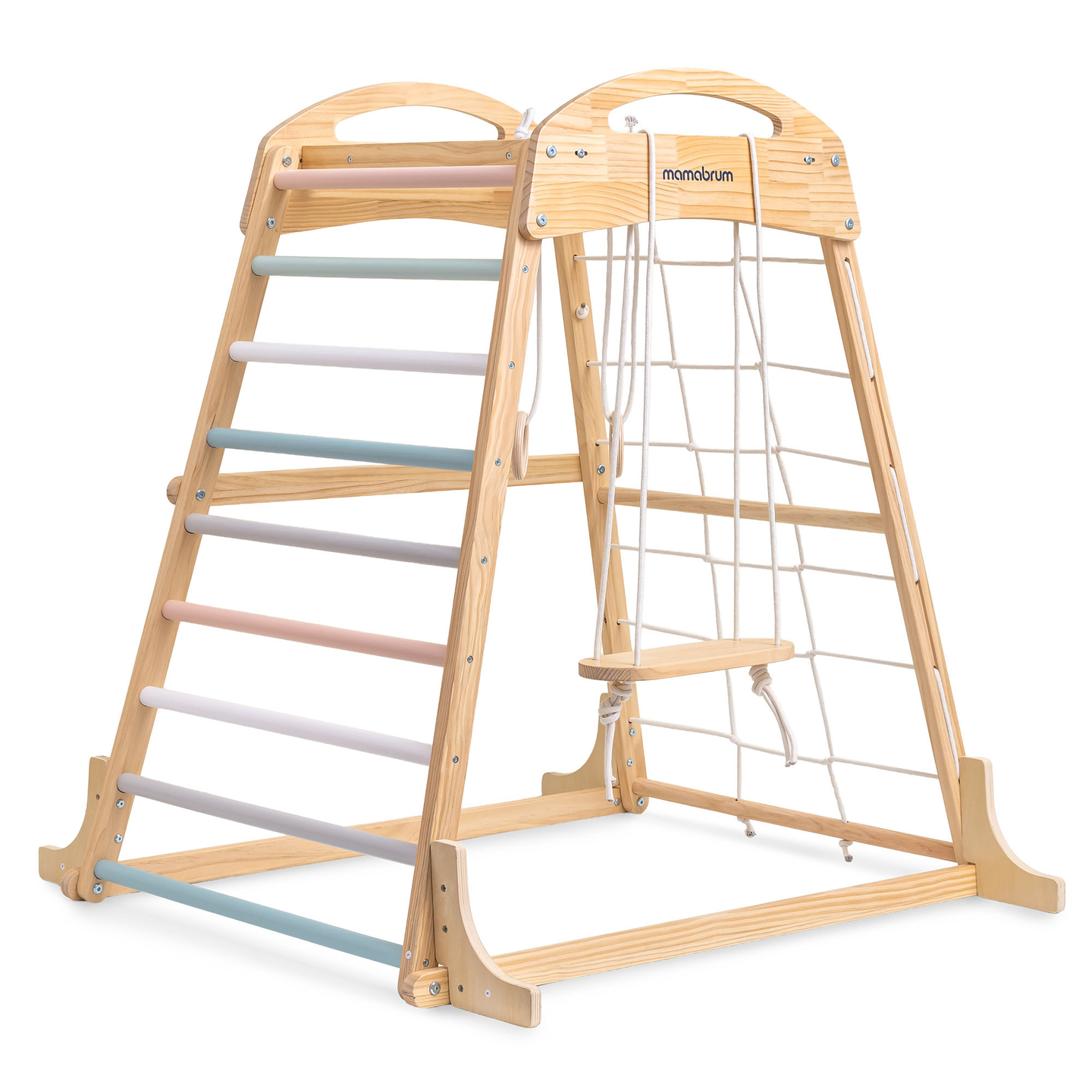 Indoor-Spielplatz aus Holz mit Schaukel, Turnringen und Kletternetz