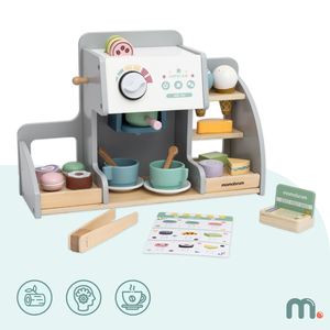 Ein großes Holzcafé und eine Eisdiele mit Magnettafel, Kaffeemaschine und Eis- und Dessertset - über 70 Teile!