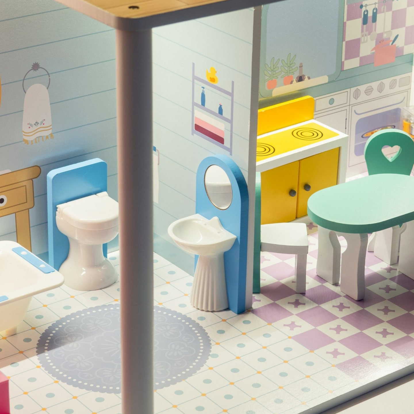 XXL Größtes Holzpuppenhaus - 123 cm - LED-Beleuchtung - Terrasse, Zubehör, Garten