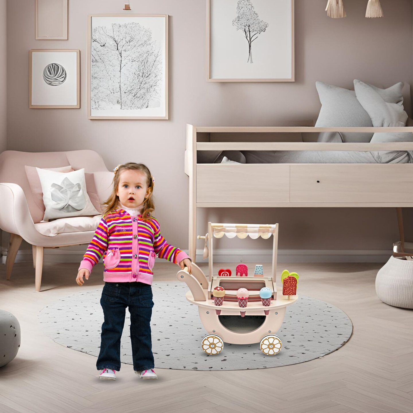 Hölzerne Eisdiele für Kinder - Wagen auf Rädern mit Zubehör