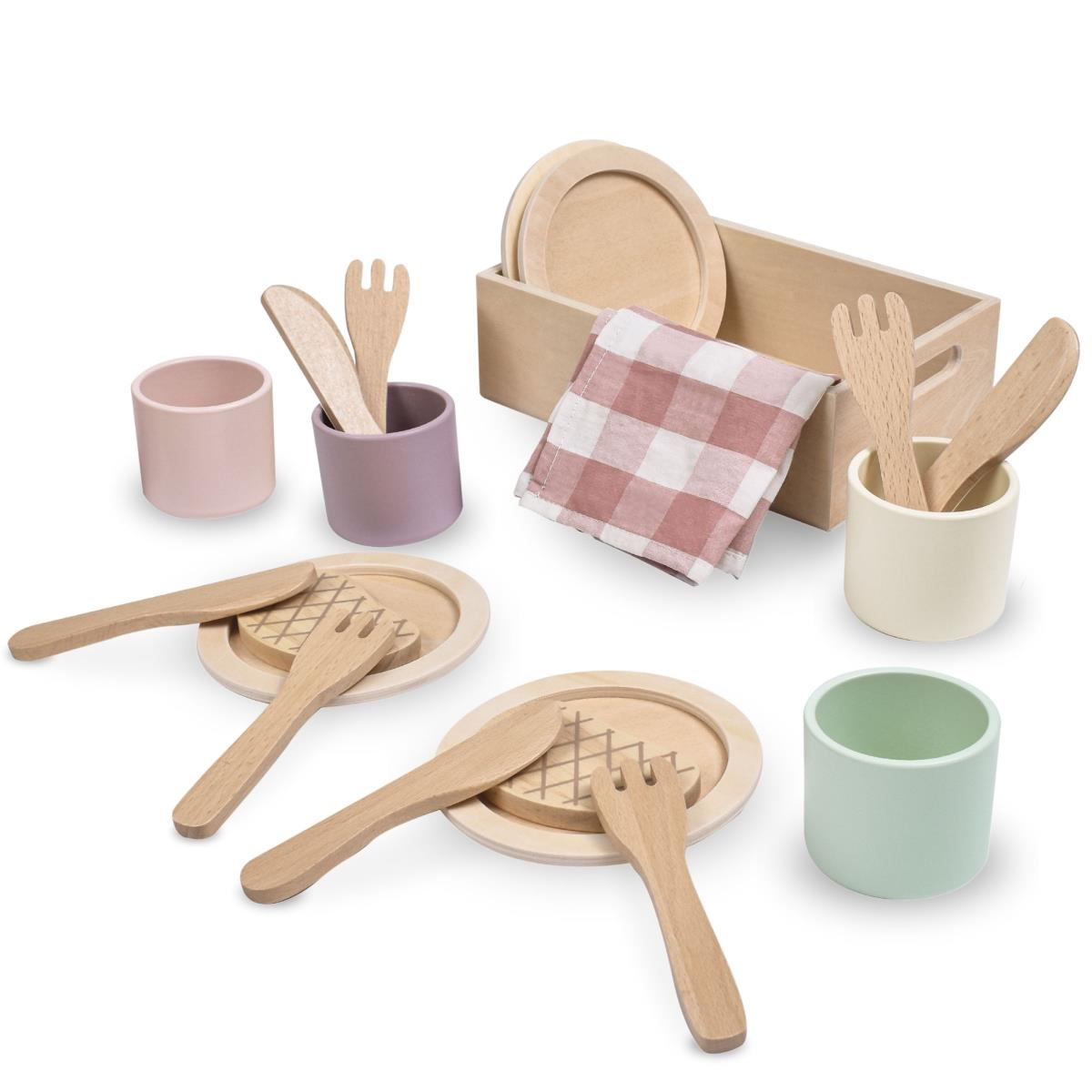 Holzgeschirrset für Kinder mit roten Tischsets