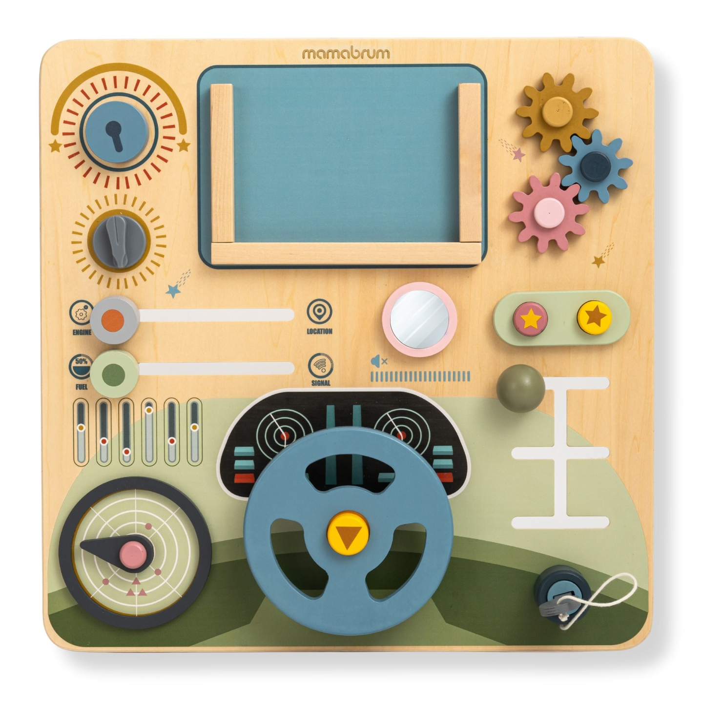 Montessori-Holzbrett 2 in 1 Cockpit für den kleinen Fahrer und Piloten – Lenkrad, Gangschaltung, Reisekarten, Radar