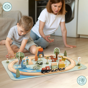 Dino Park Holzeisenbahn mit Antirutschmatte - Dinosaurier, Zug, Gleise, Vulkan, Glocke