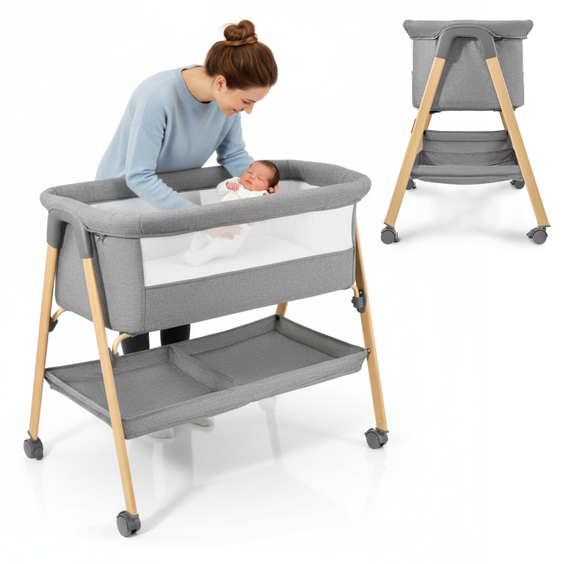 Babybett, freistehend, Reisebett, Wiege mit Matratze – grau