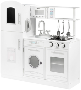 Großes weiße Küche aus Holz mit Zubehör und Schürze