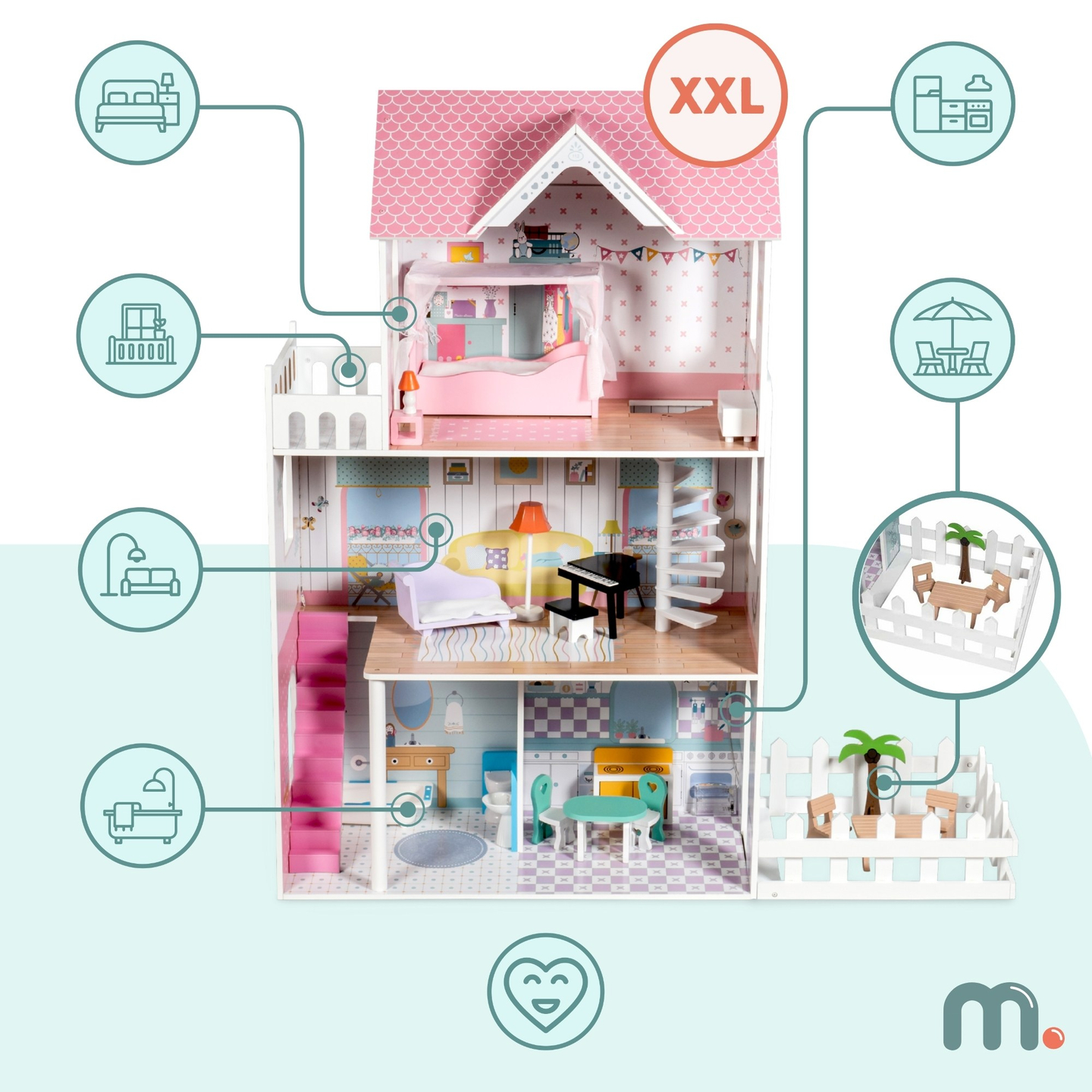 XXL Größtes Holzpuppenhaus - 123 cm - LED-Beleuchtung - Terrasse, Zubehör, Garten