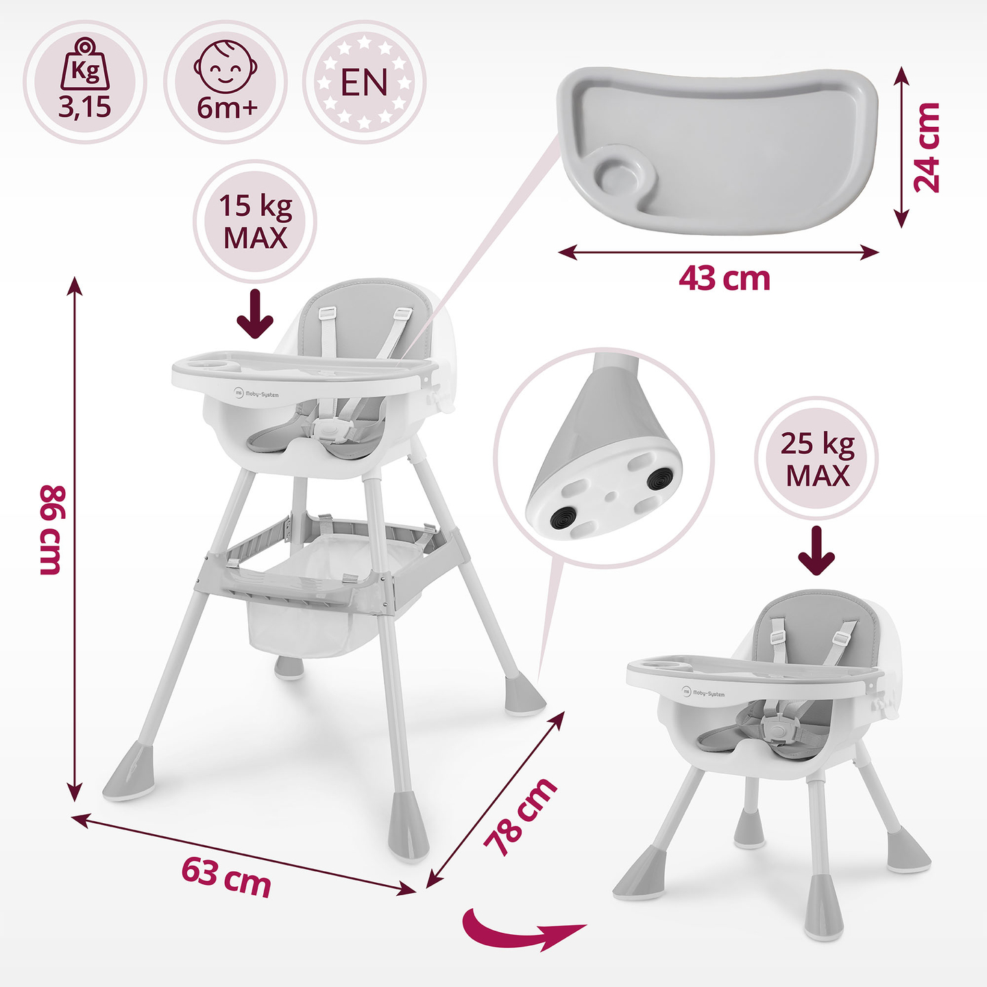 Moby-System Magnolia 2-in-1 verstellbarer Hochstuhl - grau