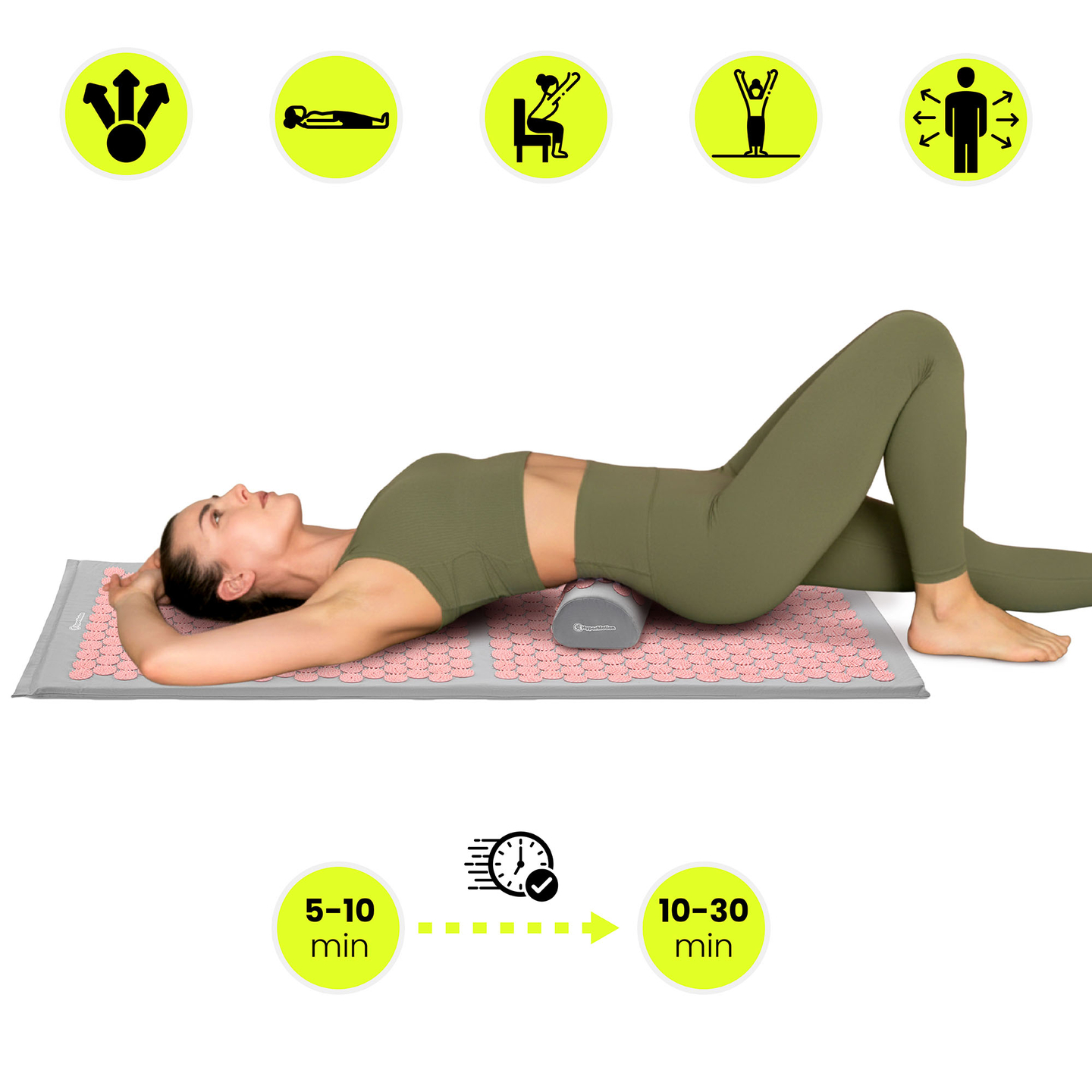 Große Akupressurmatte mit Kissen und Bezug – 130 cm, HyperMotion, grau und rosa