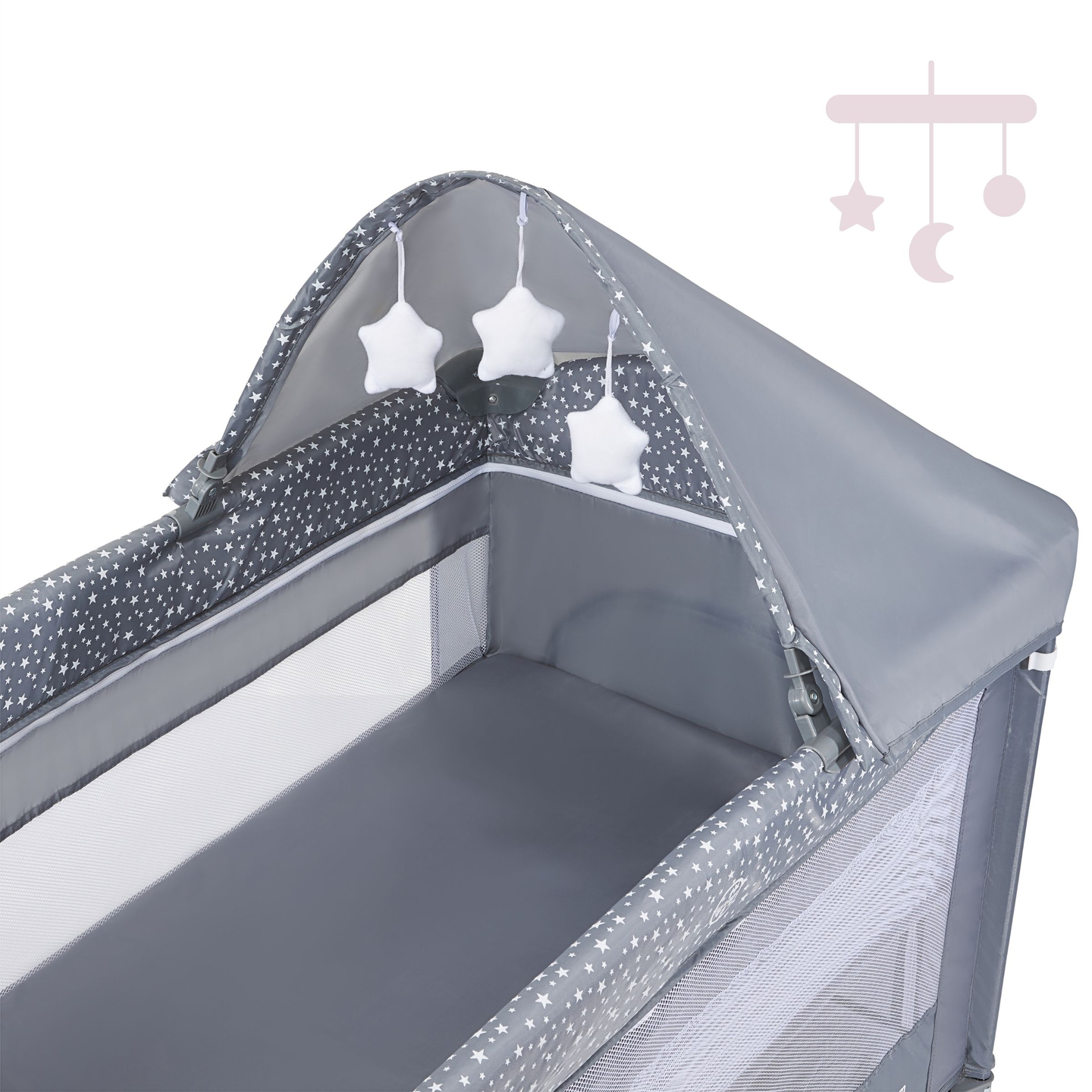 Reisebett/Laufstall 2 Ebenen mit Wickeltisch, Dach und Happy Traveler BASIC PLUS Matratze – grau