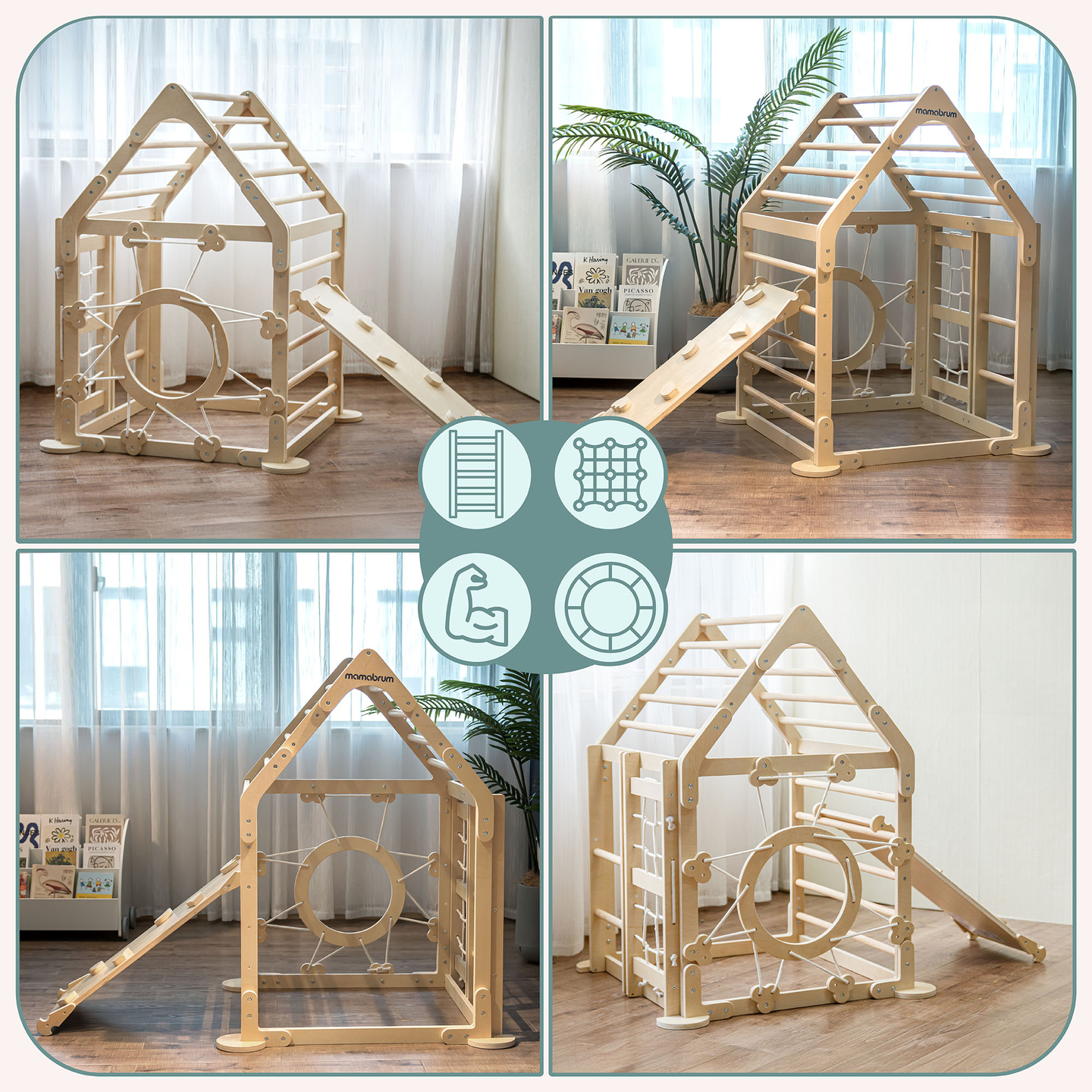 Indoor-Spielplatz aus Holz für Kinder – ein Haus mit Leitern und Rutsche