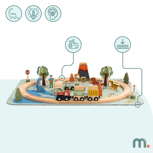 Dino Park Holzeisenbahn mit Antirutschmatte - Dinosaurier, Zug, Gleise, Vulkan, Glocke