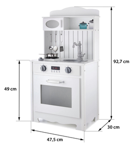 Weiße Holzküche mit Schürze, Zubehör und LED-Lampe