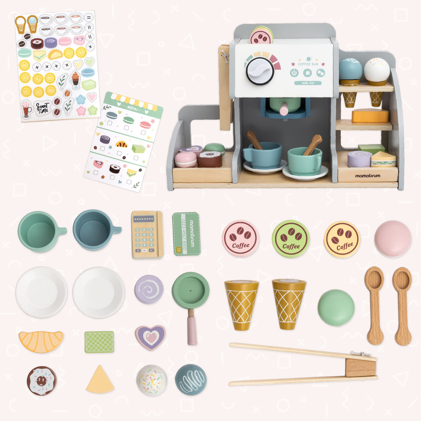 Ein großes Holzcafé und eine Eisdiele mit Magnettafel, Kaffeemaschine und Eis- und Dessertset - über 70 Teile!