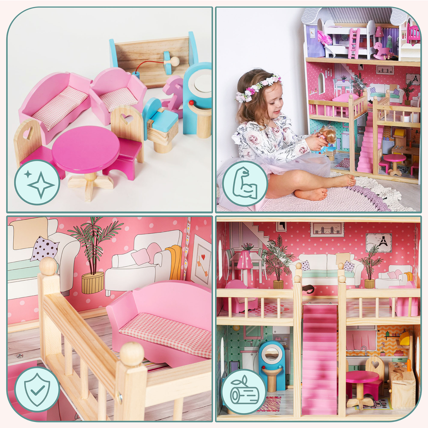 Großes 3-stöckiges Holzpuppenhaus mit Terrasse, Möbelset und LED-Beleuchtung!