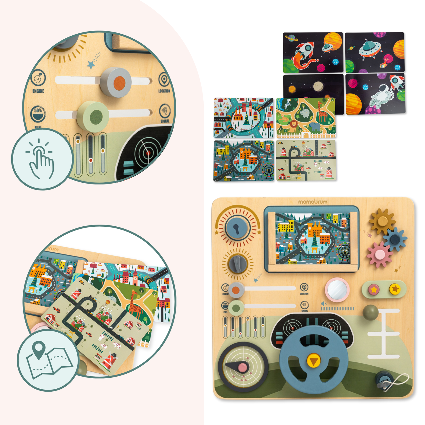 Montessori-Holzbrett 2 in 1 Cockpit für den kleinen Fahrer und Piloten – Lenkrad, Gangschaltung, Reisekarten, Radar
