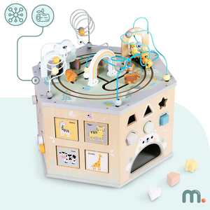 Großer Lernwürfel aus Holz – ein Montessori-Spielzeug mit Magnetzug und Motorschleifen