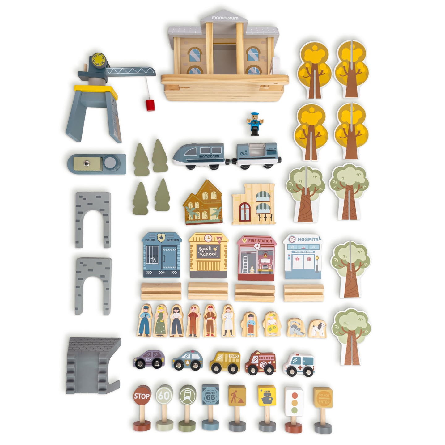 Hölzerne Stadteisenbahn mit elektrischer Lokomotive – beweglicher Kran, Schiff, Brücken