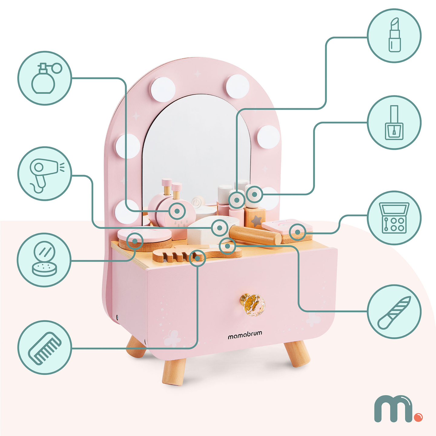 Mini-Schminktisch aus Holz für Kinder mit Accessoires und LED-Beleuchtung mit stufenloser Helligkeitsregulierung