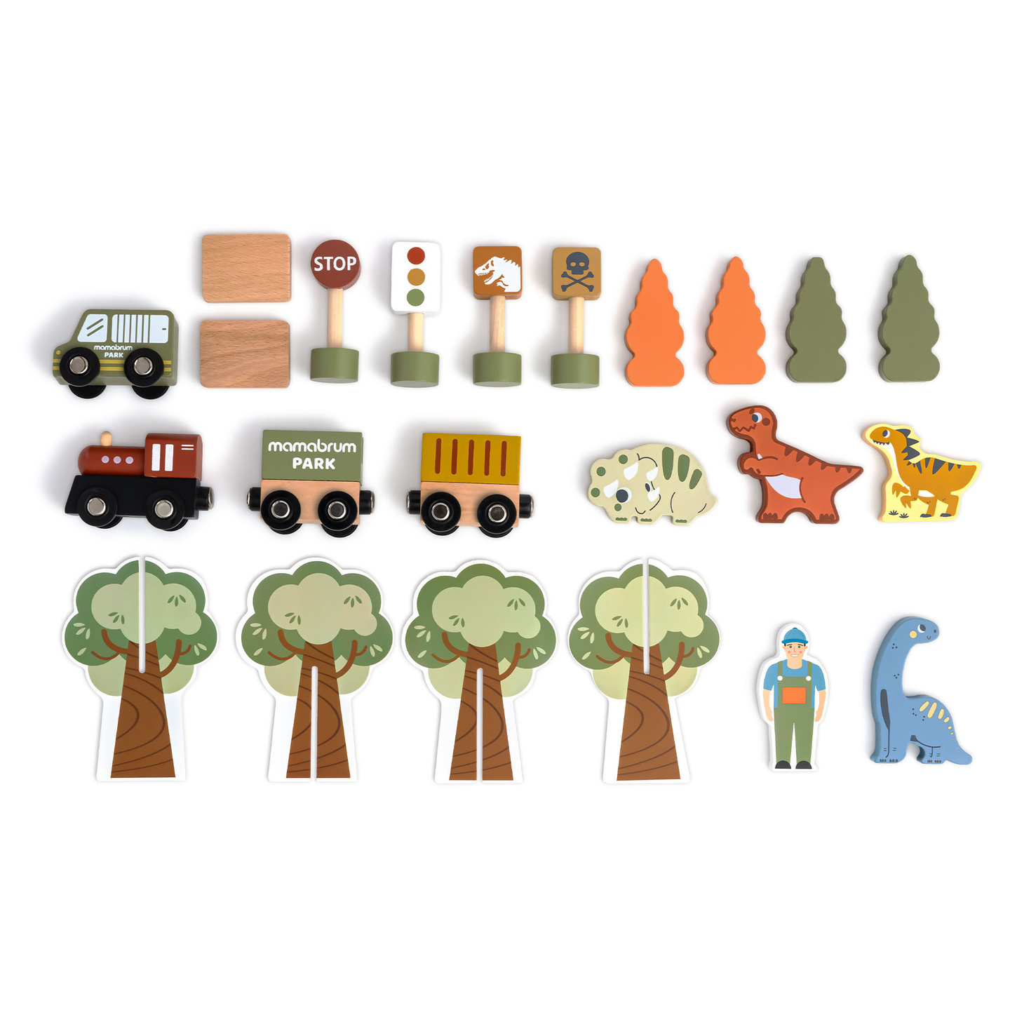 Dino Park Holzeisenbahn mit Antirutschmatte - Dinosaurier, Zug, Gleise, Vulkan, Glocke