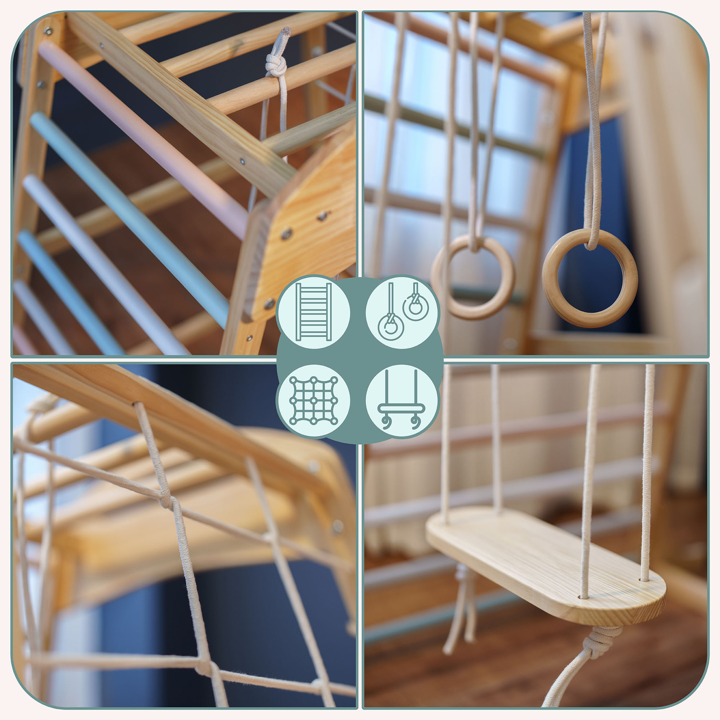 Indoor-Spielplatz aus Holz mit Schaukel, Turnringen und Kletternetz