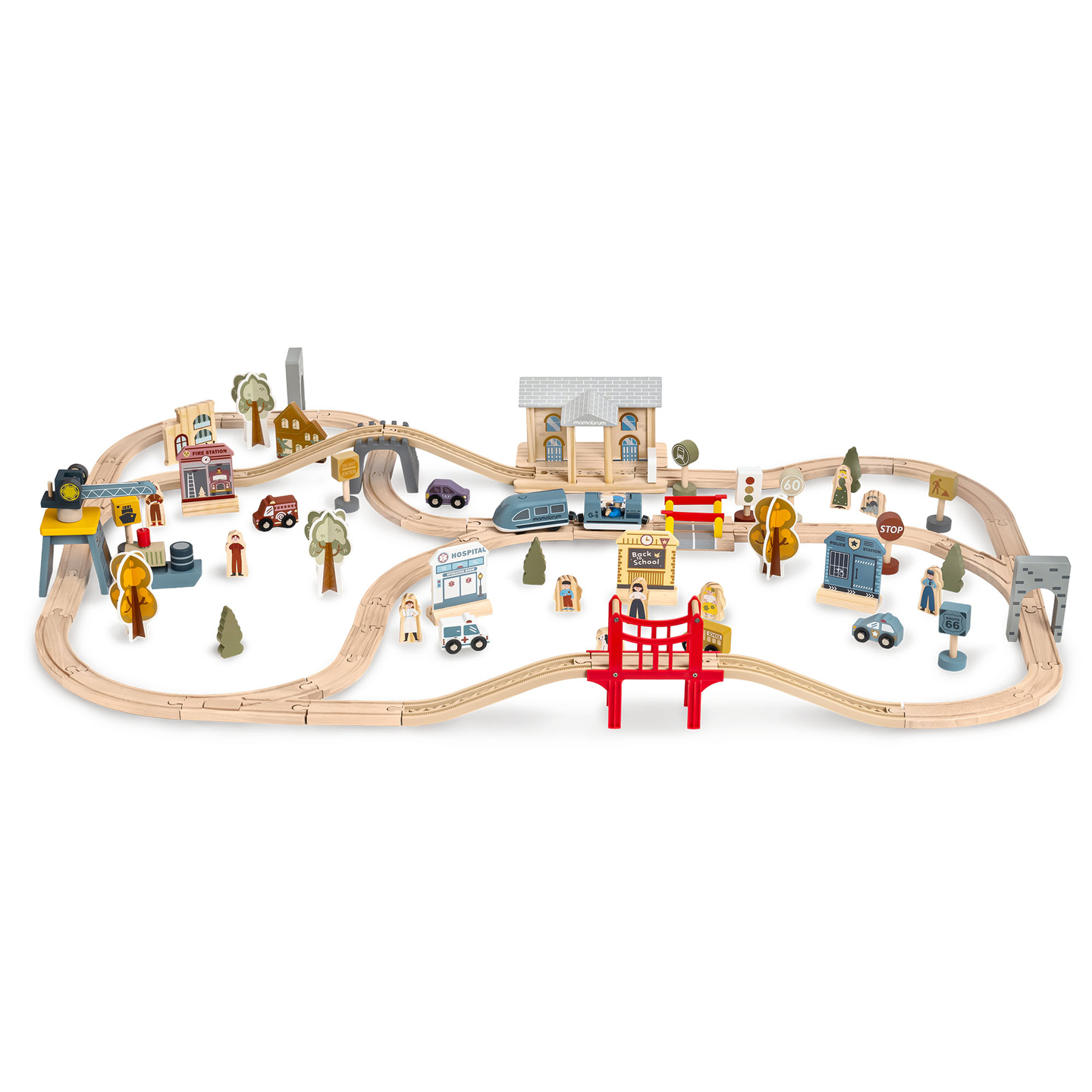 Hölzerne Stadteisenbahn mit elektrischer Lokomotive – beweglicher Kran, Schiff, Brücken