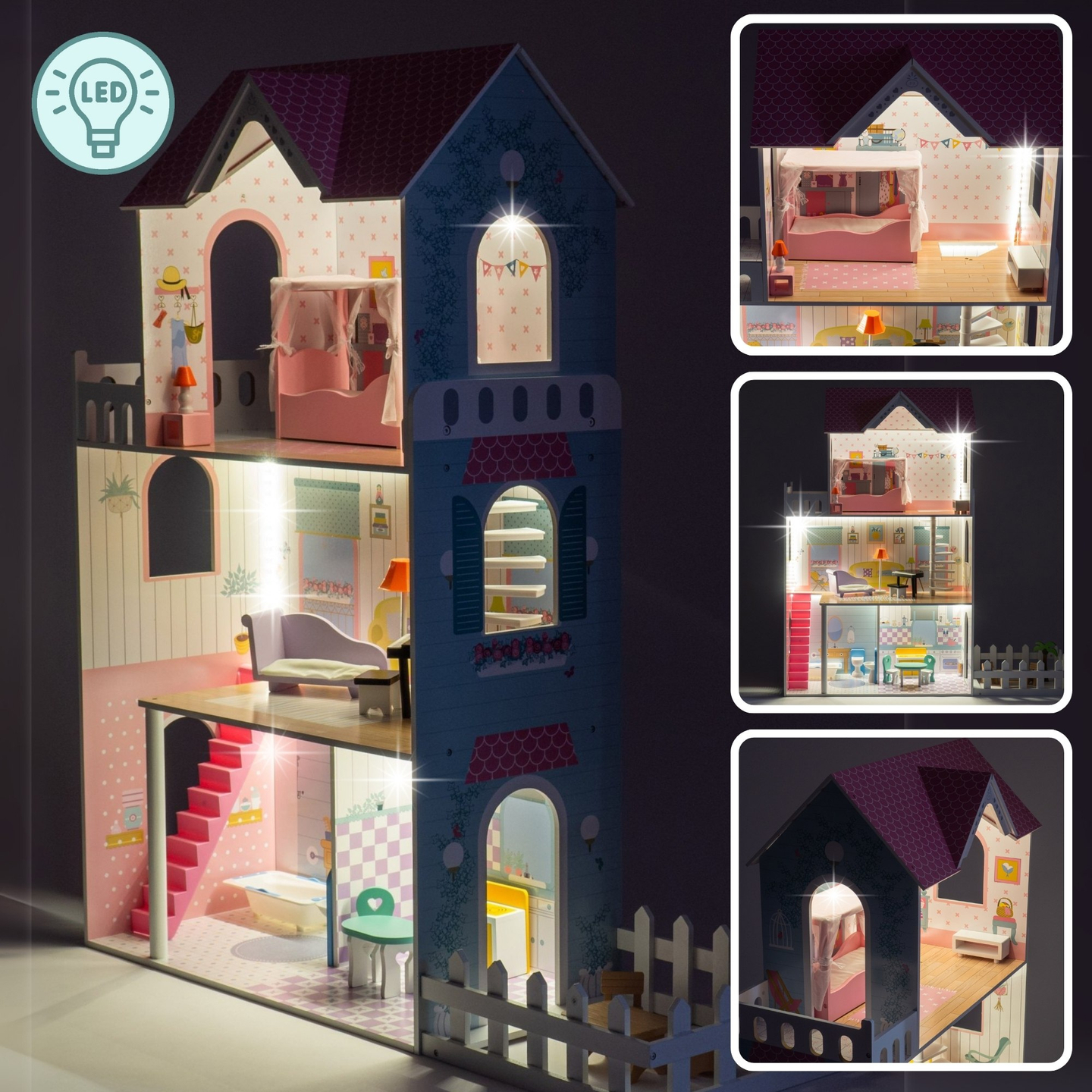 XXL Größtes Holzpuppenhaus - 123 cm - LED-Beleuchtung - Terrasse, Zubehör, Garten