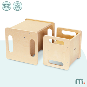 Holztisch und Stuhl mit Trittsteinfunktion – ein multifunktionales Montessori-Set für Kinder