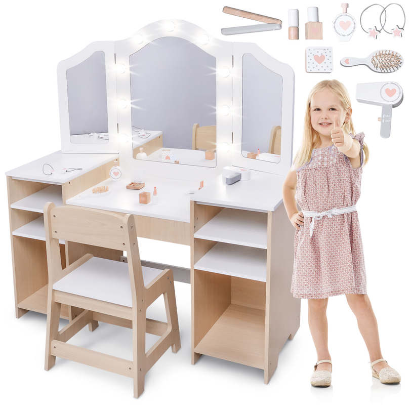 Kinderschminktisch aus Holz mit Stuhl, Zubehör und LED-Beleuchtung