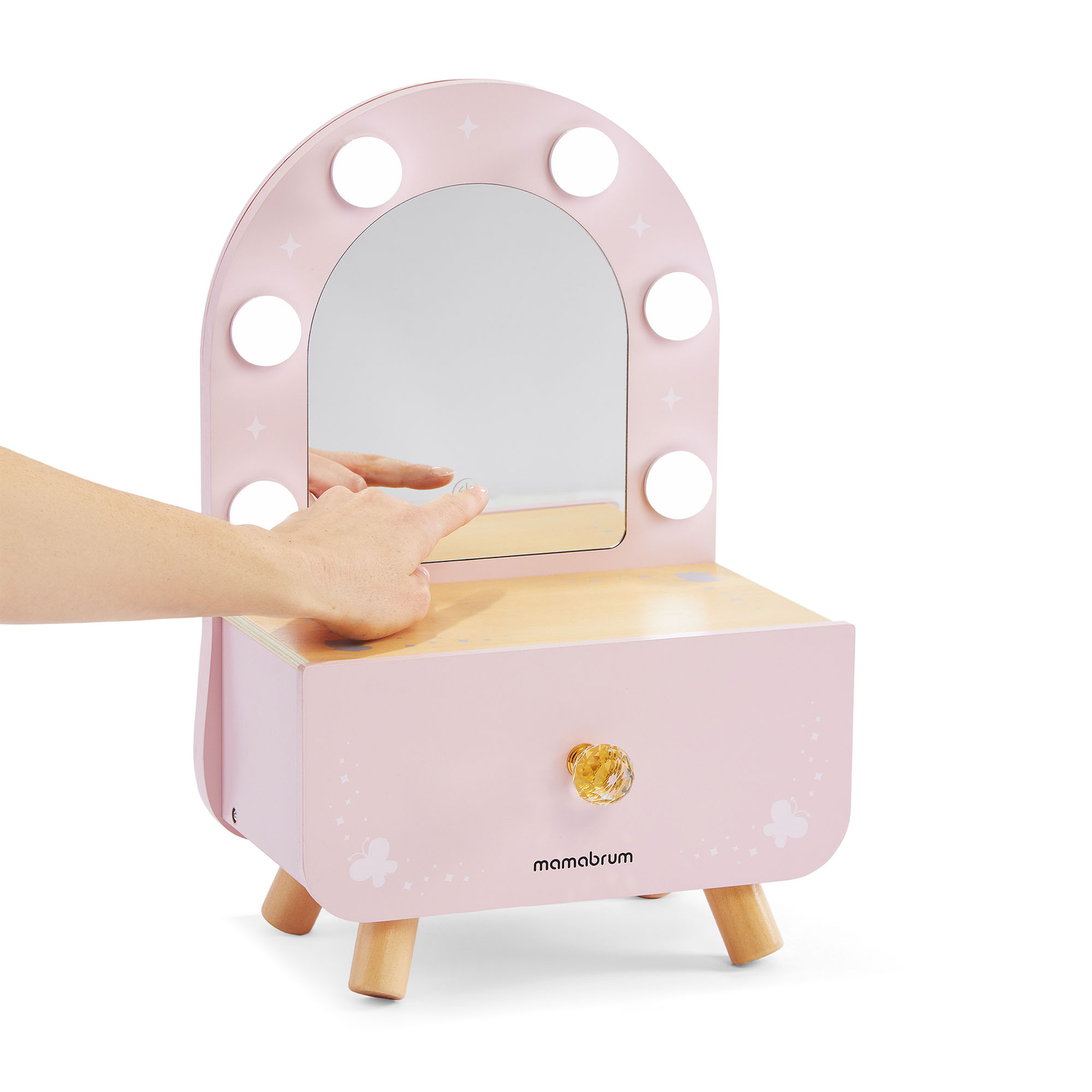 Mini-Schminktisch aus Holz für Kinder mit Accessoires und LED-Beleuchtung mit stufenloser Helligkeitsregulierung