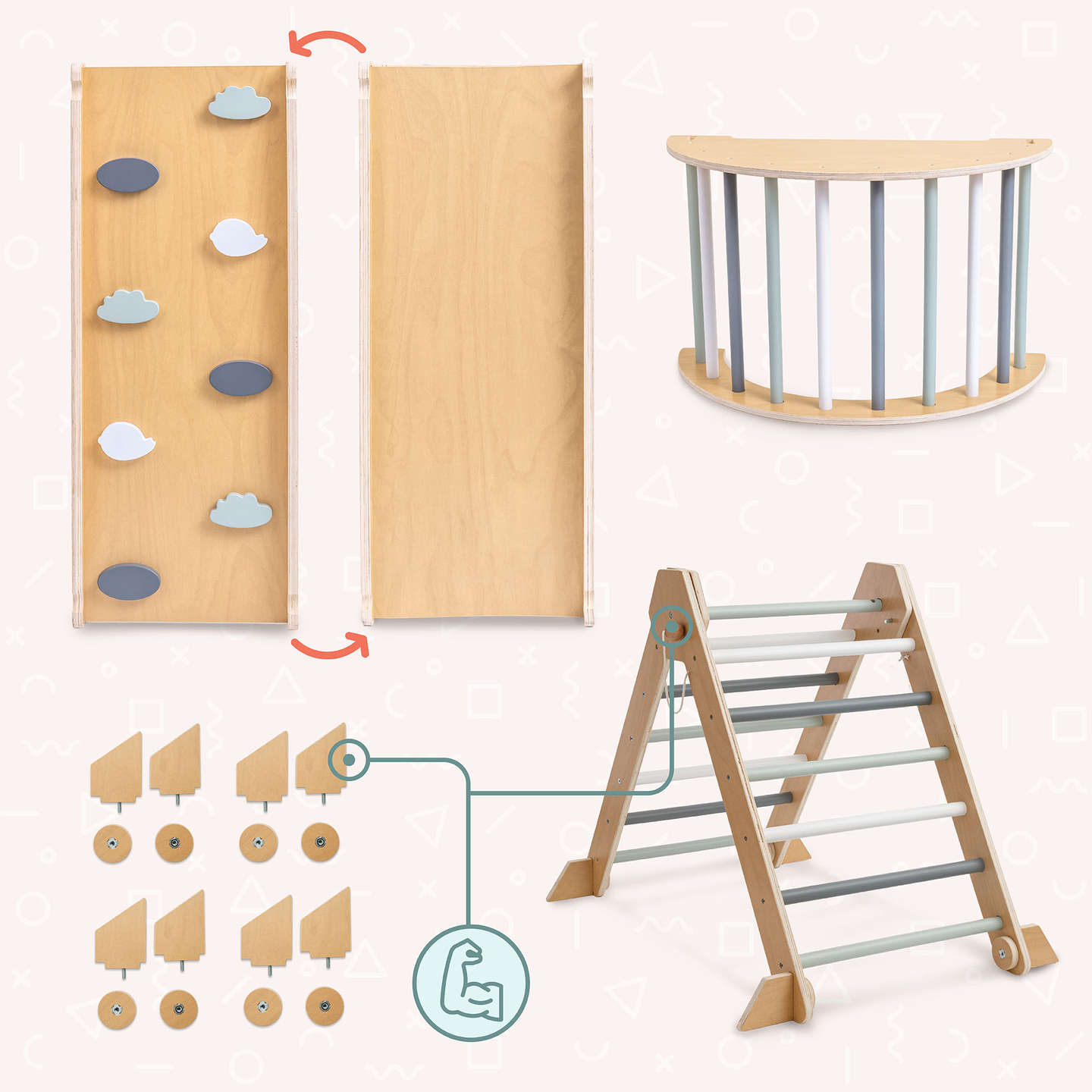 Indoor-Spielplatz aus Holz für Kinder – Kletterwand, Rutsche, Kletterbogen/-wippe und Pikler-Dreieck